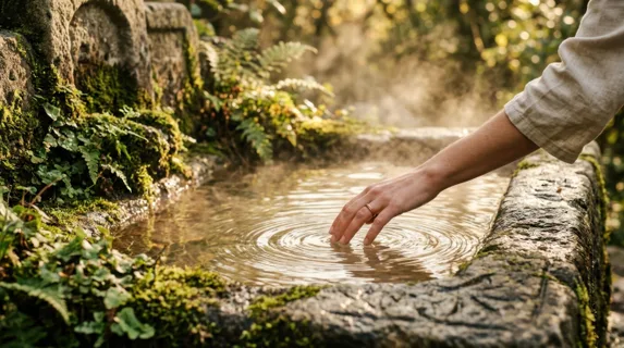 Woman's hand gently touching thermally-heated water surface in outdoor natural pool, ripples expanding outward, ancient carved stone basin surrounding the thermal spring,