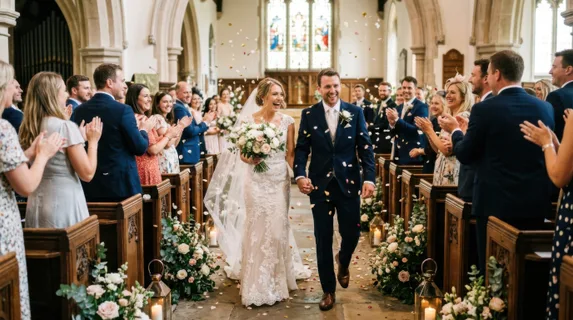 Couple holding hands while walking back down the aisle after ceremony, confetti and flower petals suspended mid-air around them, guests rising and applauding on both