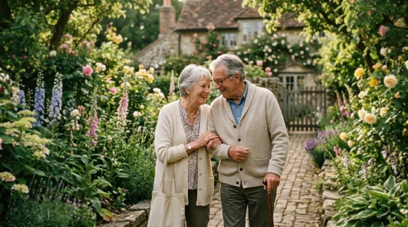 Senior woman and man walking a narrow brick pathway lined with tall perennials and flowering bushes, both wearing light cardigans, heads tilted together in conversation,