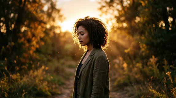 Woman standing in dramatic backlit sunlight, sun halo glowing around her silhouetted curly hair creating a luminous crown effect, face partially lit revealing