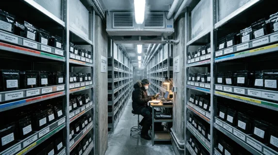 A seed bank vault corridor deep underground, steel shelving units stretching the full length of a refrigerated tunnel, thousands of labeled black foil seed packets