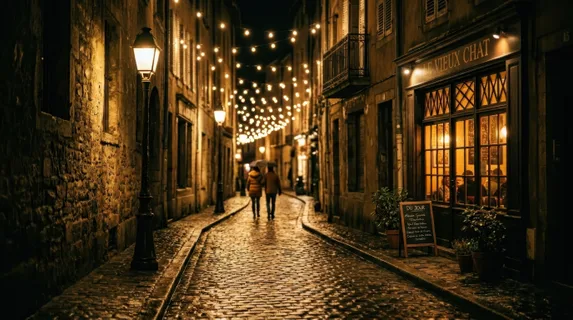 Intimate nighttime street scene with vintage lampposts casting pools of golden light on empty cobblestone alley, warm window glow spilling from ground-floor caf es, string