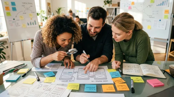 Three team members leaning over a glass-top desk examining printed wireframes and design sketches with magnifying glass detail visible, colorful sticky notes and markers