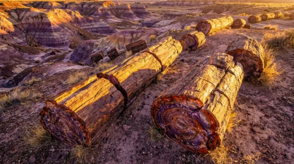 Arizona Petrified Forest at golden hour, massive agatized tree trunks lying in broken segments across a Painted Desert landscape of purple and red badlands, the cut ends of the logs revealing