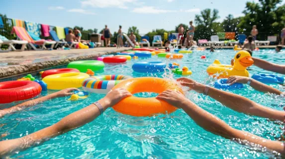 Colorful inflatable water rings and floats scattered across bright turquoise pool water on a sunny day, children's hands reaching to grab them, water splashing