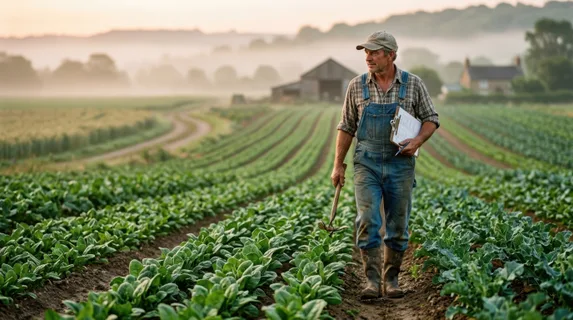 Early morning farmer in denim overalls striding confidently through crop rows with clipboard, checking plant health and growth patterns, foreground crops in sharp focus