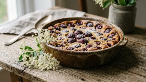 a close-up of a freshly baked cherry clafoutis dusted lightly with powdered sugar, delicate elderflower heads clinging elegantly to their stems, showcasing texture and