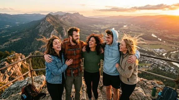 A group of friends laughing together on a scenic mountaintop overlook, arms around each other, wind in hair, panoramic valley landscape stretching behind them, golden