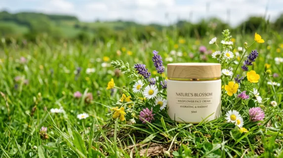 a clean graphic commercial shot of a matte cream tub against a backdrop of lush green grass, with clusters of delicate wildflowers positioned artfully to frame the