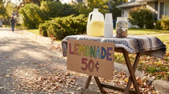 A children's summer lemonade stand at the end of a suburban driveway, hand-painted sign, a plastic jug, paper cups and a jar of coins on a folding table, the scene charming and nostalgic without