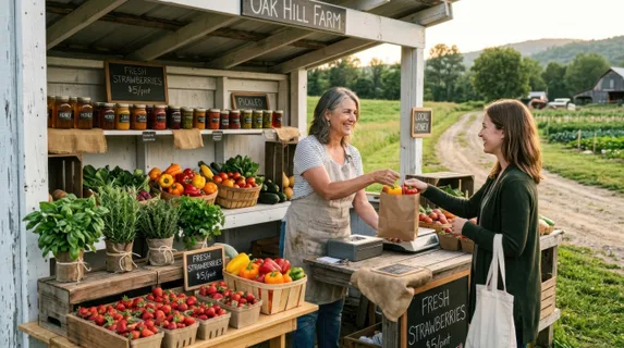 Outdoor farm stand with white wooden frame and open-air display, showcasing bunches of fresh herbs, colorful bell peppers, strawberries in cardboard containers, and jars