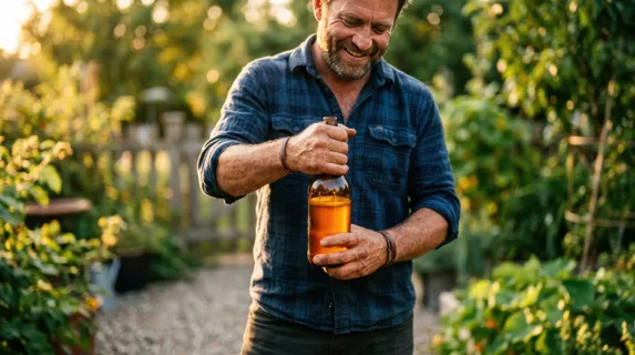 Rugged man in casual shirt holding an amber glass bottle at waist level, warm golden hour sunlight streaming across his weathered hands, bottle catching light to reveal