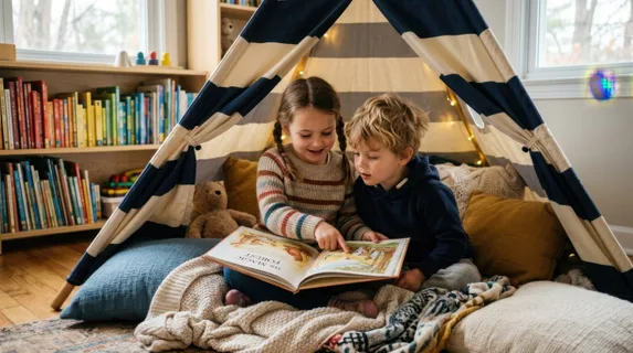 Two young children huddled together in a striped reading tent, one pointing at illustrations in an open storybook while the other listens intently, cushions and blankets