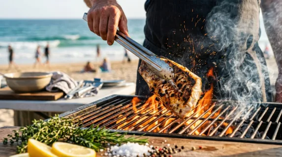 Close-up of tongs flipping a perfectly seared fish fillet over hot flames, sparks and smoke rising dramatically, grill grates glowing orange-red, fresh herb sprigs and