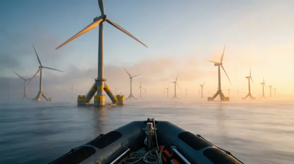 Concept render of a floating offshore wind farm at dawn seen from sea level, dozens of enormous turbine towers rising from calm water on semi-submerged triangular platforms, blades turning slowly in