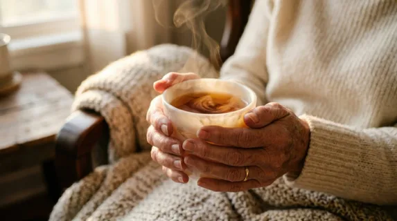 Hands folding around a warm mug during quiet indoor moment, close-up of weathered fingers and wrists against soft ceramic surface, swirling pattern of tea visible through