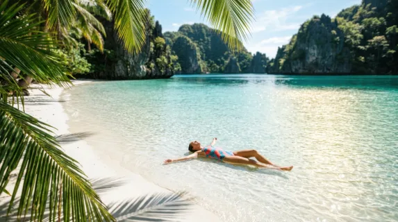 Crystal-clear turquoise lagoon water lapping against white sand beach, a solo swimmer in vibrant swimwear floating peacefully on their back, tropical palm fronds overhead