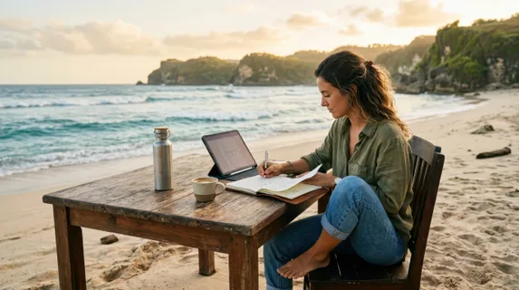 Professional working at rustic wooden table on secluded sandy shoreline, coffee cup and water bottle beside open notebook and tablet device, gentle ocean breeze visible