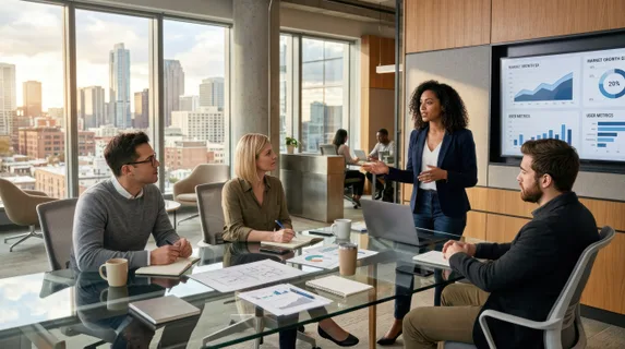 Casual coworking meeting with four professionals around a sleek glass conference table, one person presenting on a large wall-mounted screen showing data visualizations,