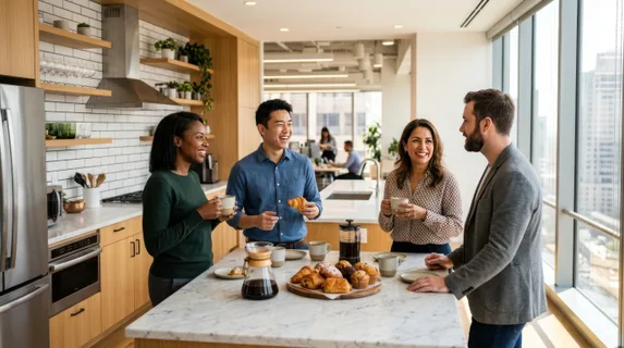 Modern office kitchen with sleek stainless steel appliances, light wood cabinetry, and white subway tile backsplash. A diverse group of colleagues in business casual