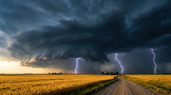 A midsummer thunderstorm approaching over flat farmland, a wall of dark cumulonimbus clouds filling two-thirds of the frame, lightning visible in three places simultaneously, a golden field in the