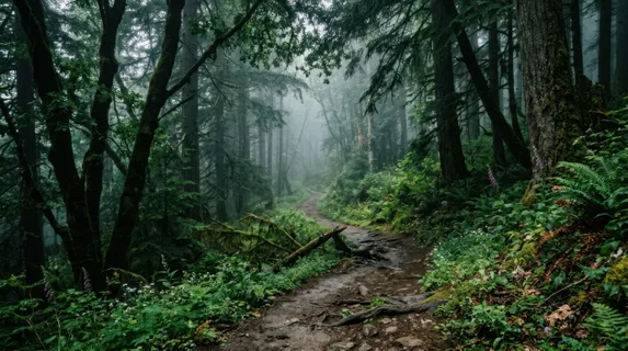A winding dirt trail disappearing into a dense misty forest, towering trees creating dramatic perspective lines, forest canopy creating dappled light patterns across the