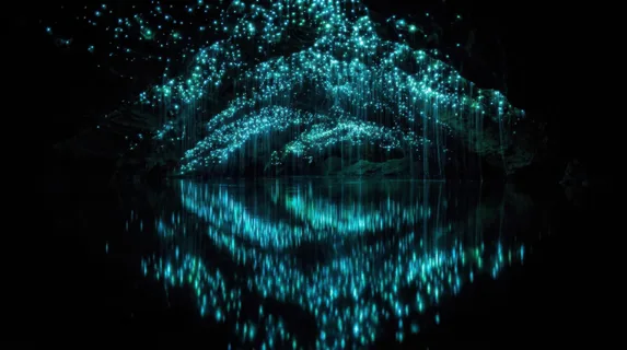 Bioluminescent cave ceiling covered in glowworm colonies, thousands of tiny blue-green light points suspended in darkness like an inverted starfield, fine silk threads hanging below each larva