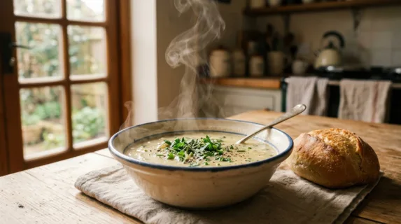 Steaming bowl of creamy soup with fresh herbs scattered across the surface, warm bread roll beside it, condensation rising from the ceramic dish, soft natural window