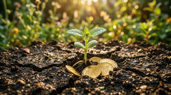 Sprouting seedling breaking through cracked earth surface with soft green shoots emerging, soil particles illuminated by golden morning sunlight, dewdrops glistening on