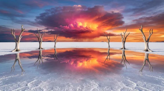 A surreal salt desert at dusk where miles of perfectly flat white crust meet an impossible mirror reflection of a burning sunset sky, the horizon line vanishing entirely