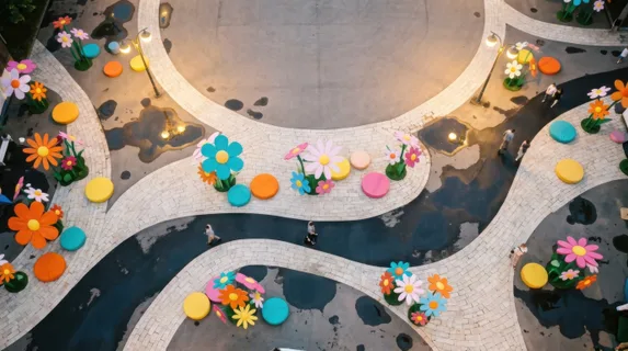 an overhead angle captures the exhibition space, revealing the playful arrangement of giant flowers and the vibrant cushions, intermingling with reflective shallow