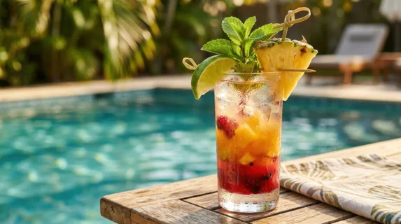 Vibrant tropical fruit cocktail in a tall glass with fresh lime wedge, pineapple slice, and mint leaf garnish, condensation beading on chilled glass, colorful layers of