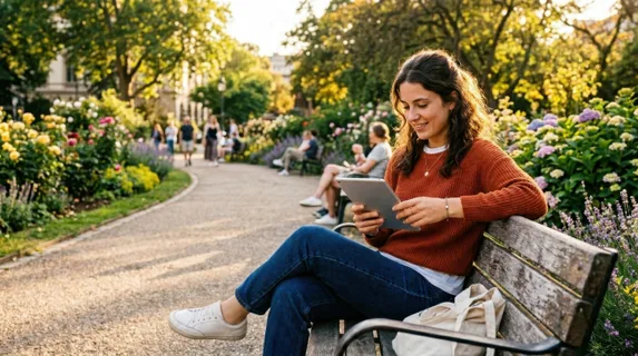 Young individual on sunny park bench scrolling through tablet device, legs crossed comfortably, modern casual attire, vibrant urban park setting visible behind with