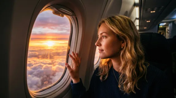 Young woman gazing out airplane window at golden sunset, her face half-lit by warm orange light reflecting off clouds below, hand resting against curved window frame,
