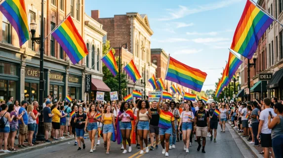 Vibrant rainbow pride flags fluttering in bright sunlight along an urban street, multiple flags hanging from decorative poles and storefronts, crisp color stripes
