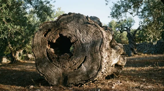 Ancient olive tree trunk cross-section in Cretan grove, gnarled wood grain spiralling around hollow heartwood, 2,000-year growth rings illegible by eye but implied by circumference, morning light