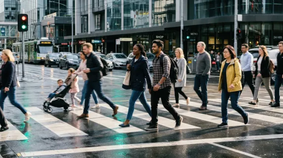 Diverse group of pedestrians crossing a busy intersection at different paces, layered motion creating visual rhythm across the frame, traffic light reflecting in wet