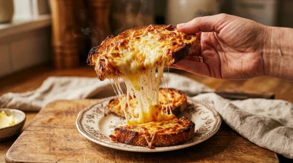 Melted cheese stretching from a slice of toasted bread held mid-air, golden-brown crust visible, cheese strands in sharp focus, warm interior lighting casting soft