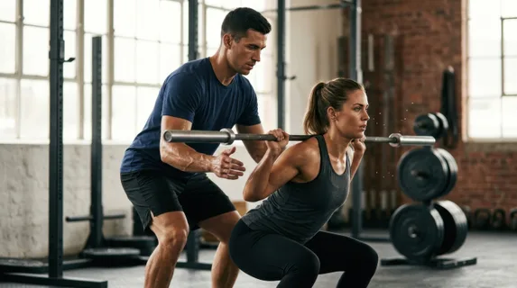 Athletic trainer demonstrating proper form on a heavy barbell squat, muscles tensed and glistening with exertion, spotting hands positioned close behind a client's