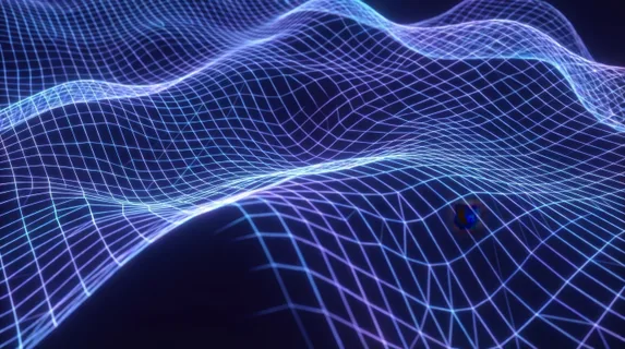 A glowing grid bending like fabric in a digital space, with lines stretching and warping to form abstract waves. Style is futuristic digital render, neon glow, minimalistic composition. No brand