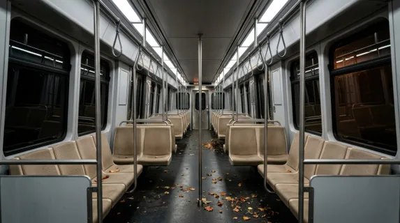 Vacant subway car interior with empty seats arranged in neat rows, harsh LED strips illuminating beige upholstery, reflection in darkened windows showing the emptiness