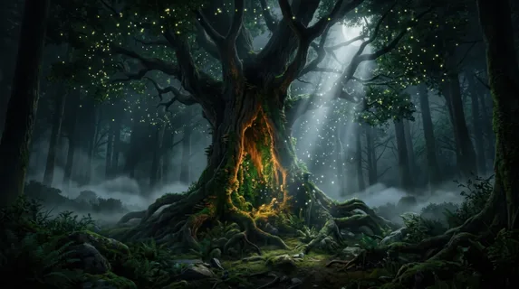 A massive ancient tree with an enormous hollow trunk glowing from within, bioluminescent moss coating the interior walls, tiny magical spores drifting upward through a