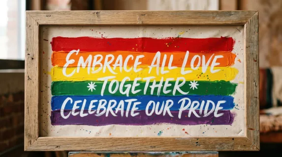 Pride Month. Close-up detail of a handmade banner stretched across wooden frame, bold geometric rainbow stripes painted with acrylic, text in flowing script lettering,