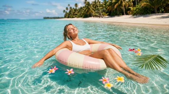 A serene woman floating on a pastel inflatable ring in crystal-clear turquoise water, her arms draped lazily over the sides, eyes closed in peaceful contentment, sunlight