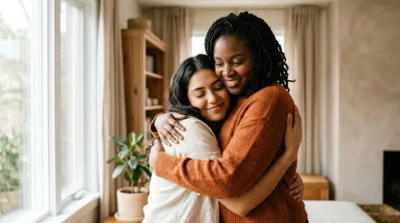Two people of different backgrounds exchanging a warm embrace in a sunlit interior space, fabric textures and warm skin tones blending softly, natural window light