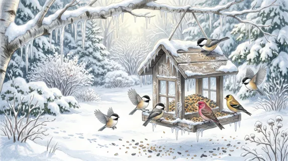 Winter bird feeder surrounded by snowy branches and hanging icicles, chickadees and finches gathered for seeds, frost patterns decorating wooden structure, scattered