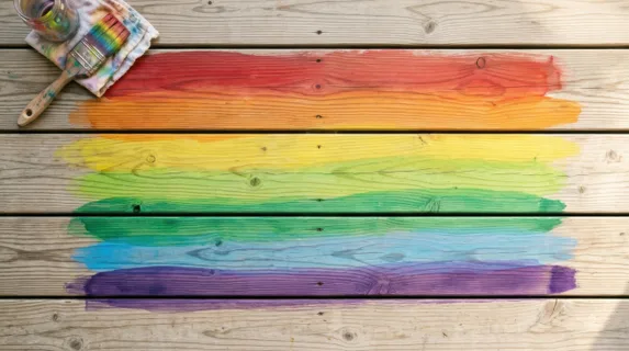 Multiple rainbow paint stripes layered horizontally across smooth wooden deck planks, each band blended seamlessly with slight transparency where colors overlap, creating