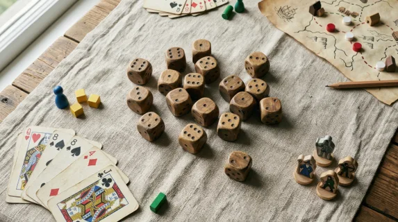 Overhead flat-lay composition of scattered wooden dice on a linen game cloth, various numbered faces visible on vintage-style cubes, playing cards and game pieces