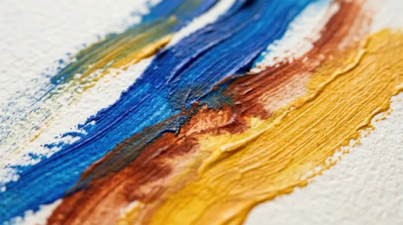 Close-up of painterly color lines flowing diagonally across textured paper surface, thick brushstrokes in contrasting shades of golden yellow, burnt sienna, and cobalt