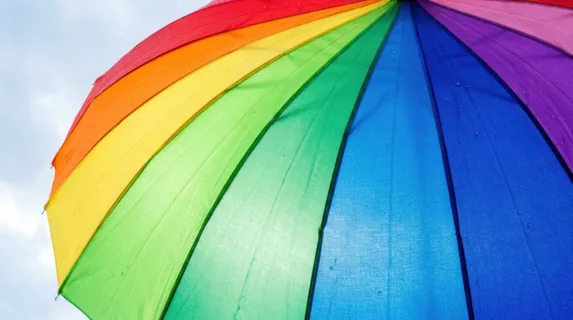 Close-up of a rainbow umbrella canopy fully opened against an overcast sky, each color segment sharply defined with fine fabric texture visible, water beads clinging to